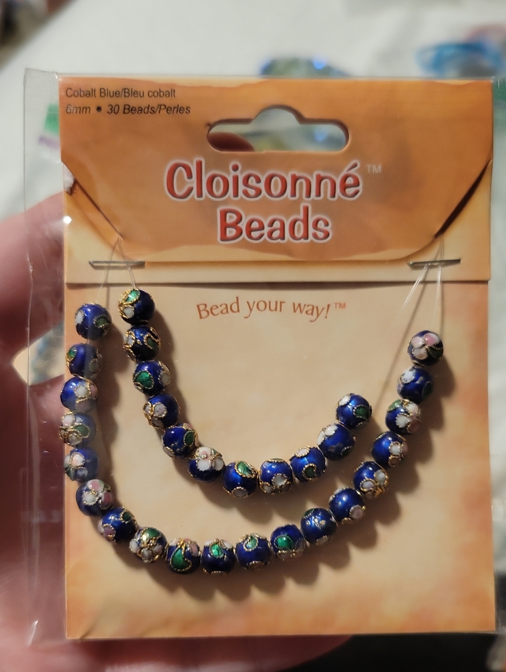 Cloisonné Floral Bead Strand - Cobalt Blue, Multicolor 3D Floral, 6mm, NWT